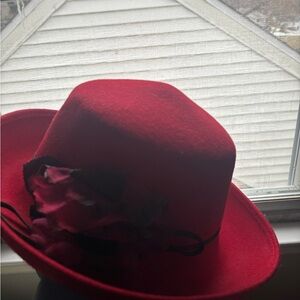 Women's Red Felt Fedora with Floral Trim